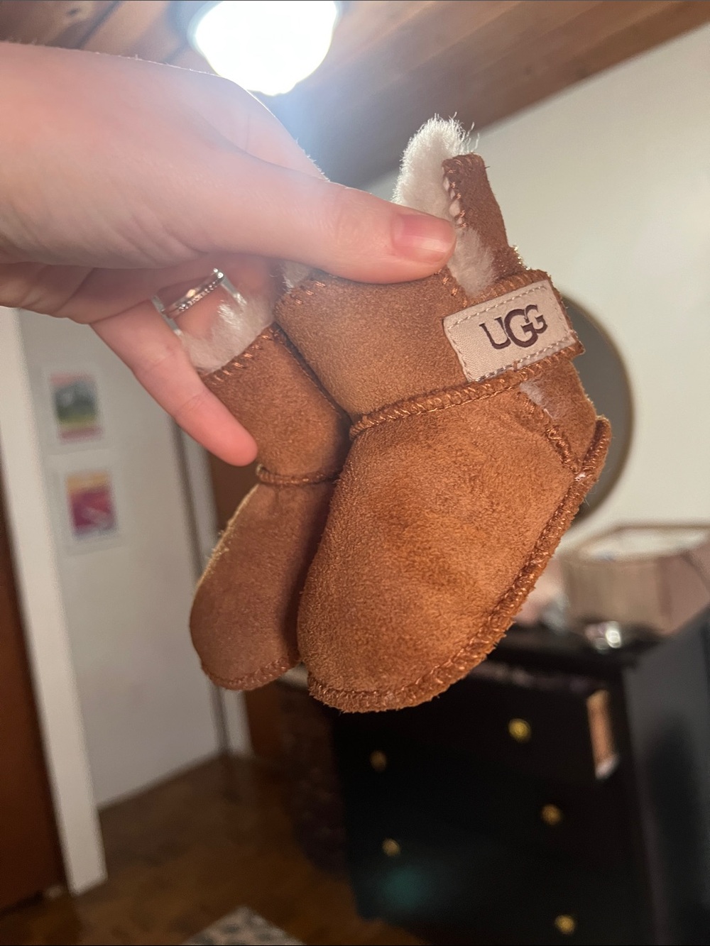 UGG Chestnut Suede Baby Booties with Shearling Trim - Picture 7 of 8